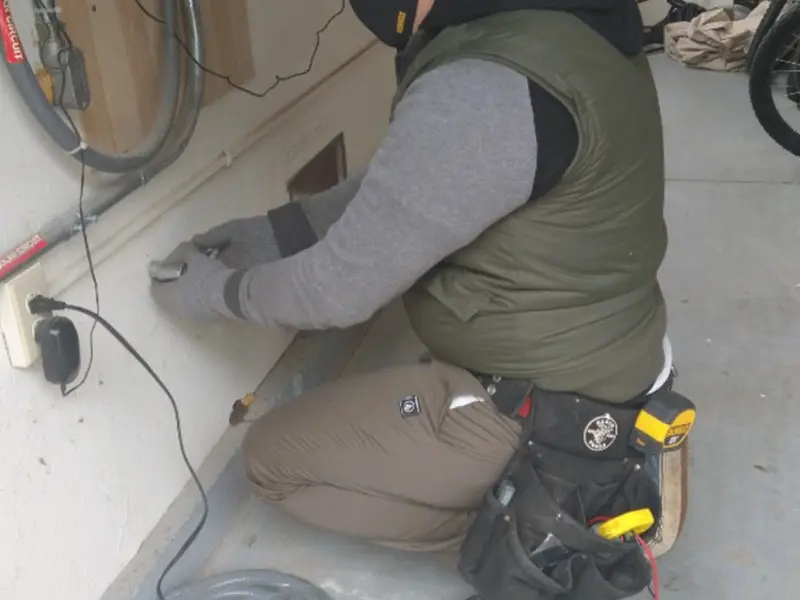 Electrician performing outlet wiring in a Geneseo garage
